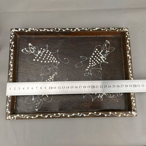 Vintage carved painted wooden bottle with 6 glasses on wooden tray used