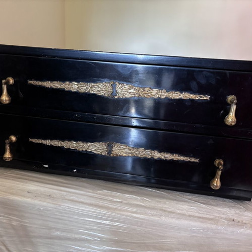 Antique wooden dresser with two drawers, black lacquer and gold designs