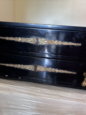 Antique wooden dresser with two drawers, black lacquer and gold designs