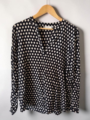 Kaffe Black and Cream Printed V-Neck Blouse, Size EU 44 / UK 16