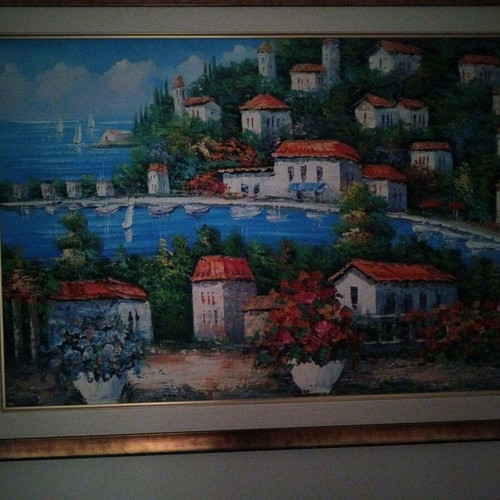 Landscape painting like new with golden frame, large size