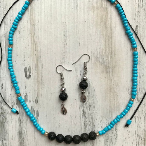 Summer jewelry set necklace and earrings with black lava, turquoise beads, and metal shells new