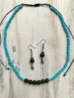 Summer jewelry set necklace and earrings with black lava, turquoise beads, and metal shells new