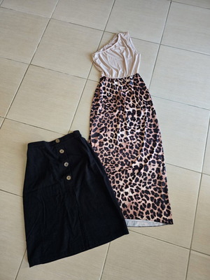 Summer set leopard midi dress with one shoulder and black skirt like new