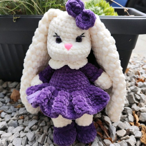Handmade plush bunny 27 cm new with purple dress
