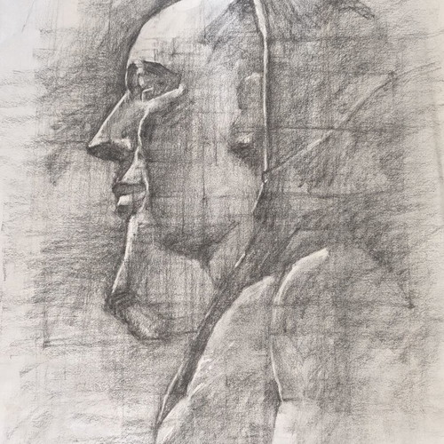 Original Charcoal Drawing on Ingres Paper Pharaoh Akhenaton Bust Right Profile like new