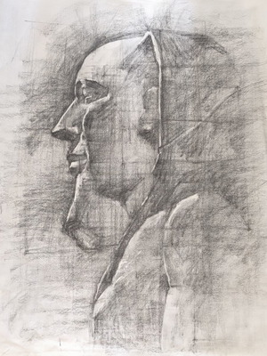 Original Charcoal Drawing on Ingres Paper Pharaoh Akhenaton Bust Right Profile like new