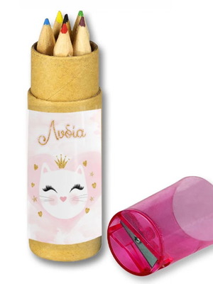 Cat-themed colored pencils in kraft box with sharpener and name, new 10 pcs