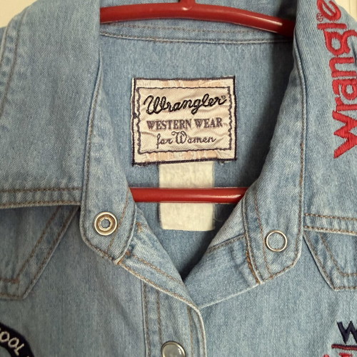 Wrangler denim shirt used with patches, blue and pink
