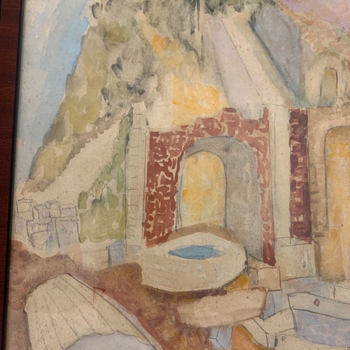 Watercolour painting used with Italian countryside theme, wooden frame