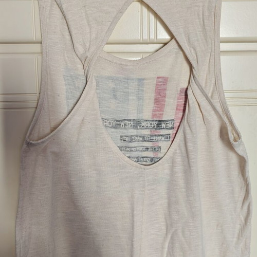 Beige blouse with unique back and colorful design, like new, size M