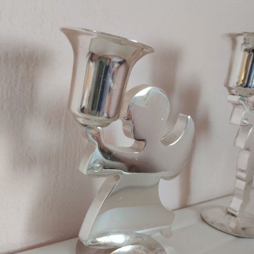Fink Holyworker angel candle holders used, stainless steel silver, set of 2