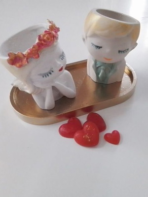 Figurines girl and boy with tray new, gift or decoration