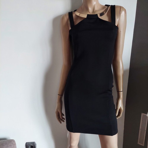 Jane Norman black mini dress with gold metal neckline small, like new