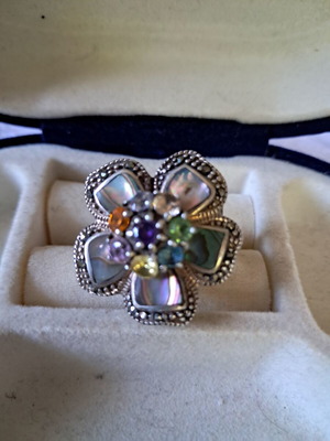 Silver ring with mother pearl and semiprecious stones size 17 like new
