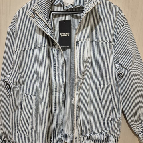 Stradivarius denim bomber jacket, white and blue, size S