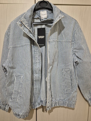 Stradivarius denim bomber jacket, white and blue, size S