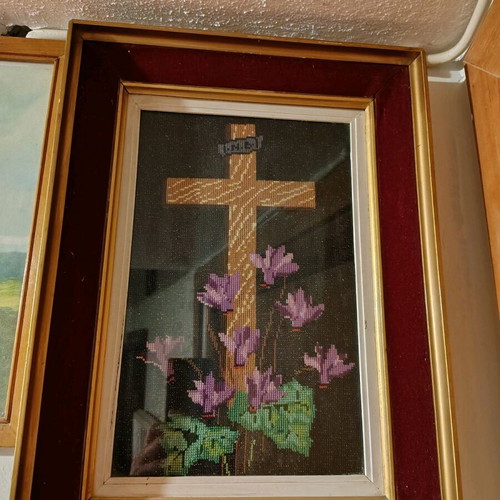 Crucifixion embroidery set of 3 like new, framed
