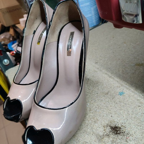 Makis Kotris peep tow pumps used, nude, size 39