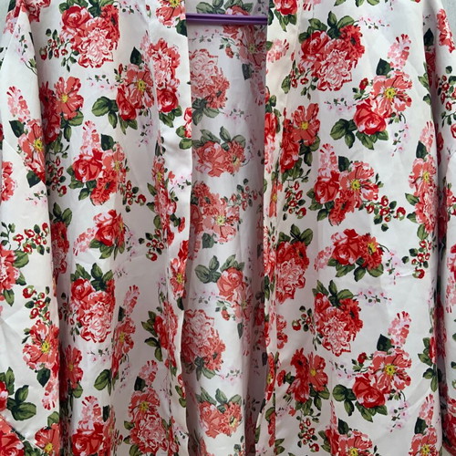 Floral kimono used, soft white with red, summer silk-like fabric
