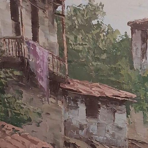 Oil Painting Dimas Traditional Greek Village framed, like new