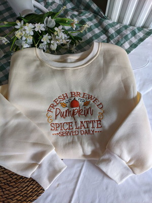 Cozy sweatshirt with Pumpkin Spice Latte logo beige like new size M