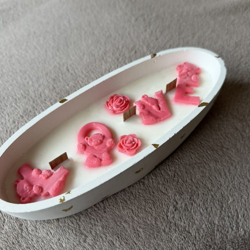 Handmade soy candle LOVE in plaster mold with gold hearts