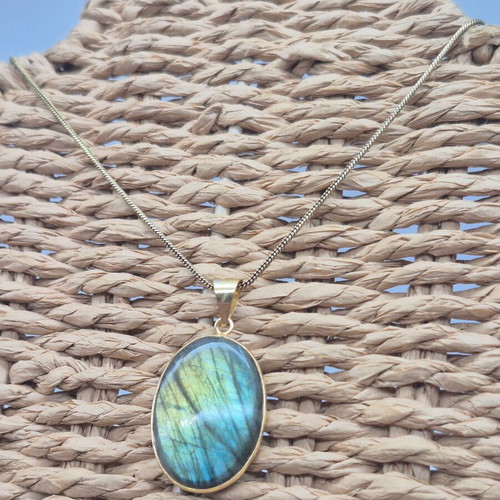 Labradorite Cabochon Brass Necklace new, brass chain