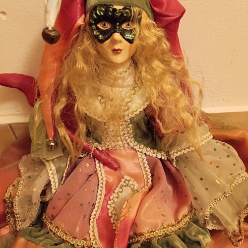 Venetian Harlequin Doll collectible like new, porcelain and fabric 50 cm tall