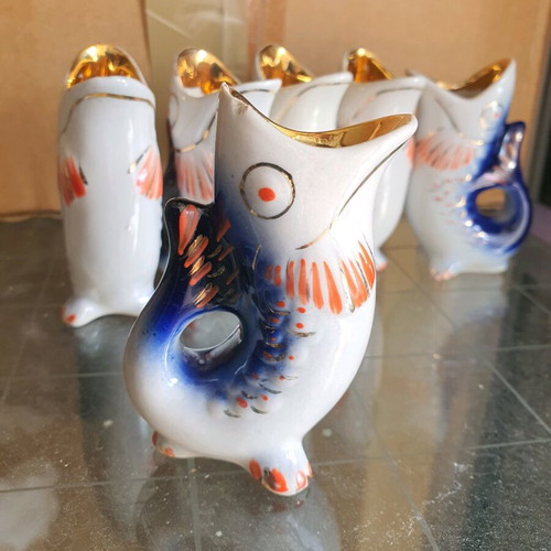 Porcelain fish-shaped pitcher and glasses set, like new, 6 pieces