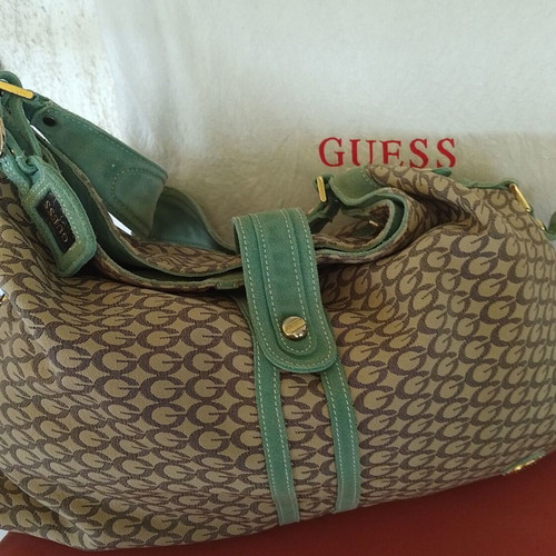 Guess shoulder bag like new, beige canvas and leather, mint green