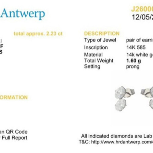 Diamond earrings certified, 14k white gold, 2.23 CT total