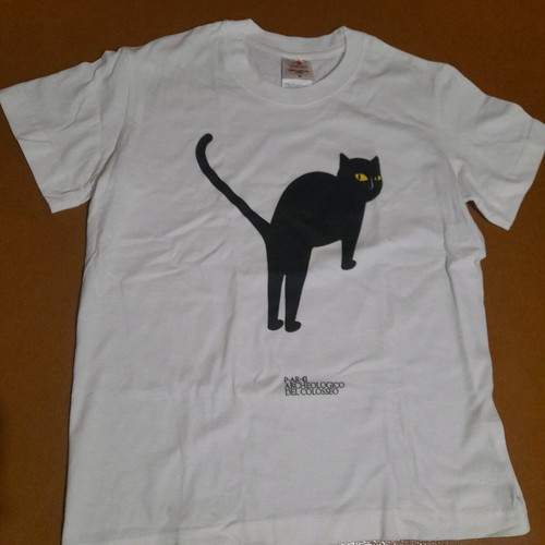 T-shirt white with black cat and logo, kids size medium, new