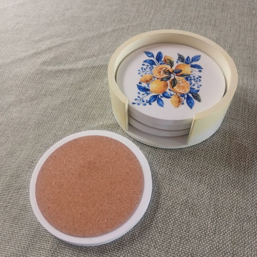 Porcelain coaster set with lemon design, new, cork base