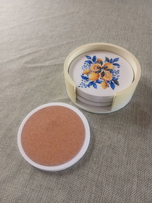 Porcelain coaster set with lemon design, new, cork base