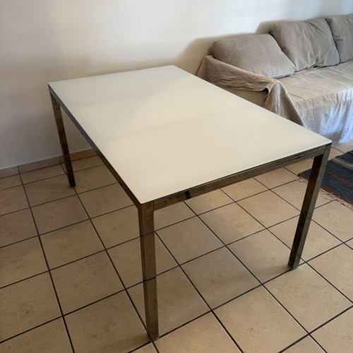 Glass dining table and chair set used, metal frame, white chairs