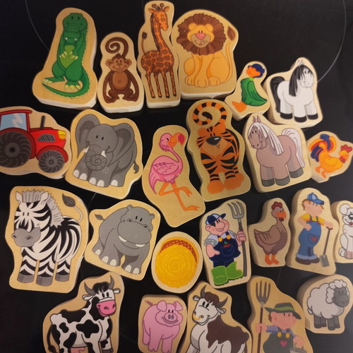Wooden figures used, set of 24 animals and farmers