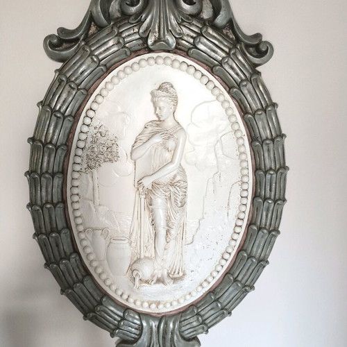 Neoclassical large plaster wall decoration with embossed figure like new