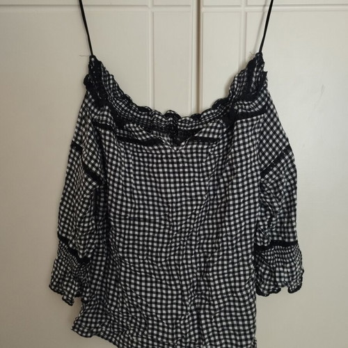 Vintage checked blouse used, black and white, XL