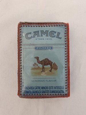 Camel Filters pack with handmade knitted case used, Romanian 2000s folk art