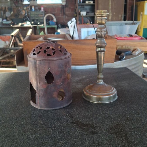 Brass candlestick and candle holder used, 24 cm and 19 cm height