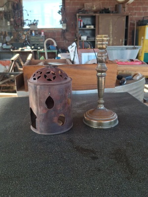 Brass candlestick and candle holder used, 24 cm and 19 cm height