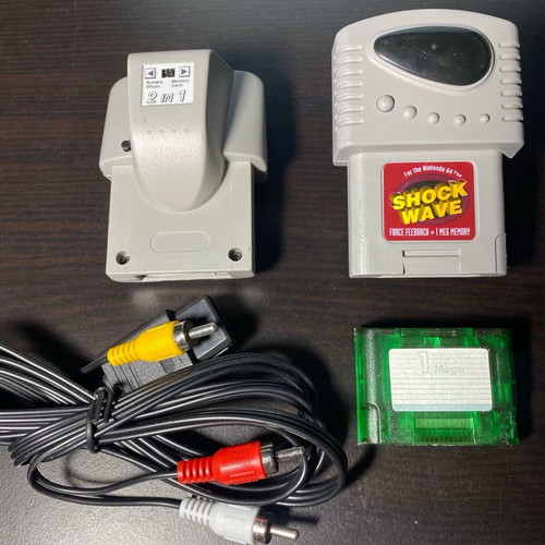 Nintendo 64 accessories pack with rumble shock, shock wave, memory card and video cable