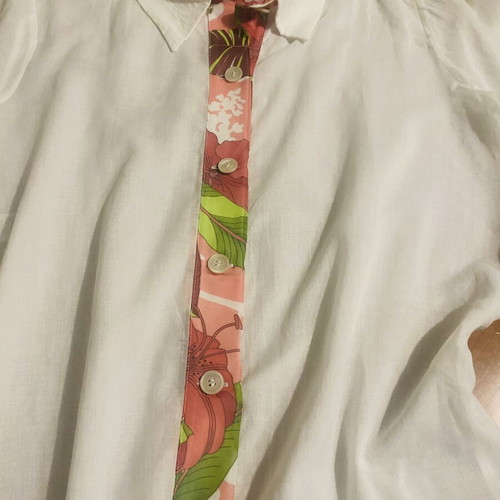 White semi-sheer shirt with floral trim, beachwear