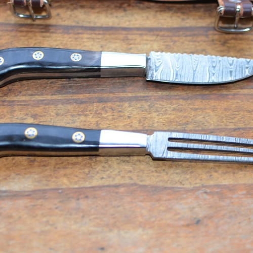 Damascus Hand Forged Knife and Fork BBQ Hunting Set New