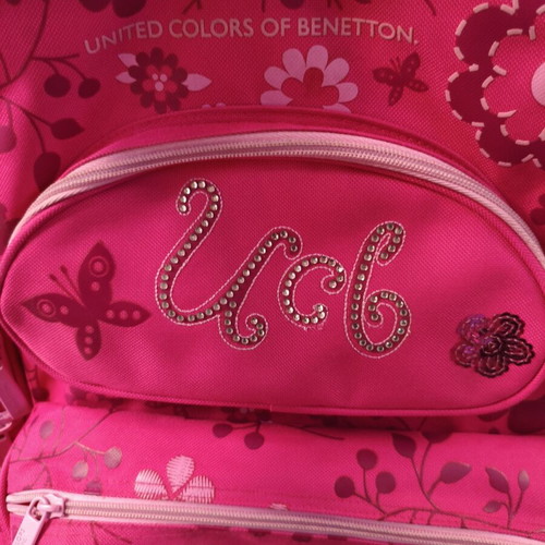 United Colors of Benetton school trolley bag, fuchsia with floral and butterfly design
