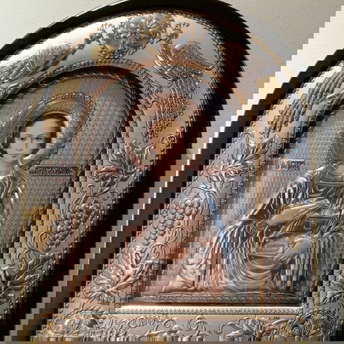 Ιερή Εικόνα Αγίου Παντελεήμονα Καινούργια Επαργυρωμένη με Χρυσές Λεπτομέρειες