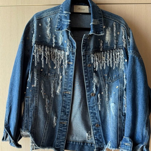 Rococo Crystal Denim Jacket new, oversized with ripped details