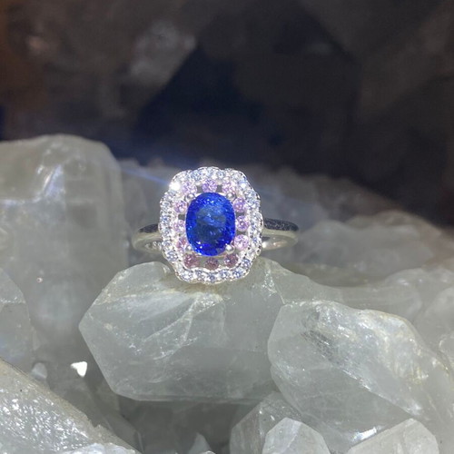 Handmade silver ring with natural blue sapphire, pink quartz & moissanites, size 7