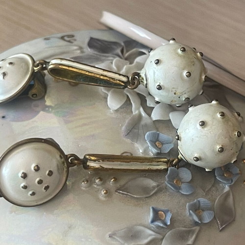 Antique French jewelry set used, clip earrings and enamel bracelet